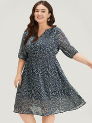 Bird Print Notched Shirred Lantern Sleeve Dress