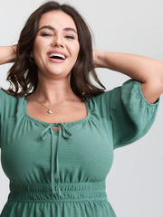 Shirred Waist Drawstring Neckline Midi Dress