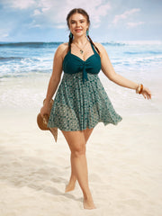 Boho Print Patchwork Tie Knot Gathered Swim Dress