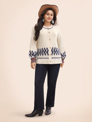Fair Isle Balloon Sleeve Crew Neck Cardigan