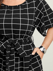 Grid Print Cinched Belted Waist Jumpsuit
