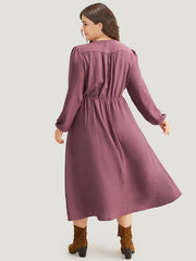 Twill Gathered Button Detail Lantern Sleeve Dress