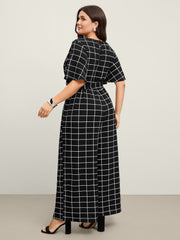 Grid Print Cinched Belted Waist Jumpsuit