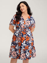 Floral Print Shirred Notched Neckline Midi Dress