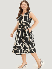 Geometric Print Pocket Notched Belted Tank Dress