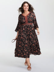 Floral Print Shirred Contrast Pockets Maxi Dress
