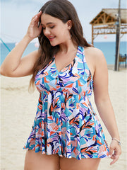 Graphic Print Halter Knot Back Ruffle Hem Tankini Top