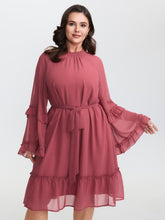 Sheer Ruffled Gathered Neck Belted Midi Dress