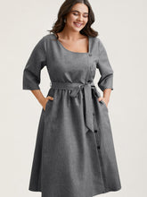 Asymmetrical Neckline Belted Pockets Midi Dress