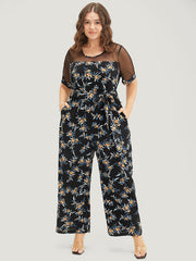 Floral Mesh Patchwork Crew Neck Pocket Belted Jumpsuit