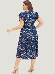 Allover Print Pocket Wrap Flutter Cap Sleeve Dress