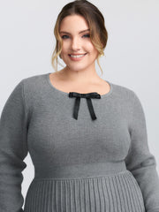 Bowknot Neckline Cinched-Waist A-Line Sweater Dress