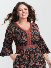 Floral Print Shirred Contrast Pockets Maxi Dress