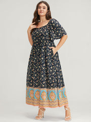 Floral Pocket Ruffles Square Neck Midi Dress