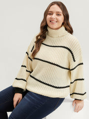 Striped Contrast Pointelle Knit Lantern Sleeve Funnel Neck Knit Top