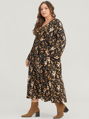 Floral Pocket Bell Sleeve Belted Split Flutter Dress