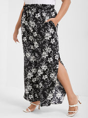 Floral Print Pocket Split Straight Pants