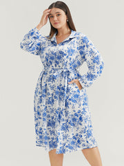 Floral Button Up Pocket Belted Lapel Collar Dress