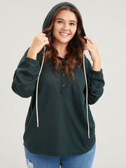 Solid Pocket Button Drawstring Waffle Knit Hooded Sweatshirt