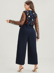 Solid Pocket Embroidered Mesh Sleeve Knotted Jumpsuit