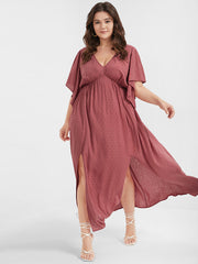Solid V Neck Ruffles Split Embroidered Maxi Dress
