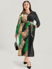 Chain Print Shirt Collar Pocket Split Belted Button Up Dress