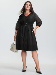 Grid Print Buckle Belt Contrast Midi Dress