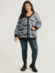 Halloween Bat Print Pocket Button Up Rib Knit Coat
