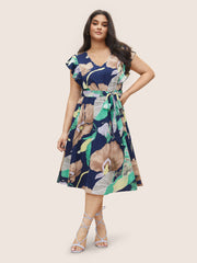 Floral Print Flutter Sleeve Belted Midi Dress