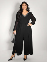 Sequin Neckline Petal Flowy Hem Jumpsuit