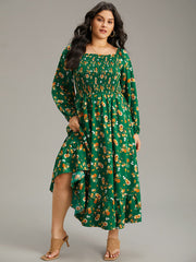 Floral Print Shirred Elastic Cuffs Dress