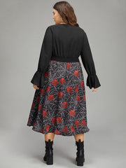 Halloween Rose Ruffles Shirred Elastic Waist Dress