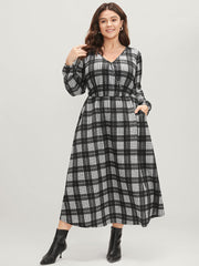 Plaid Print Pocket Lantern Sleeve Surplice Neck Midi Dress