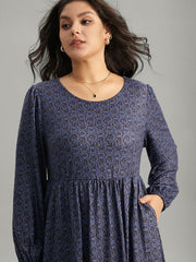 Geometric Elastic Waist Pocket Gathered Dress