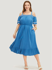 Solid Tiered Sleeve Pocket Ruffles Cold Shoulder Pompom Trim Dress