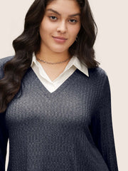 2-In-1 Patchwork Shirt Collar Sweatshirt