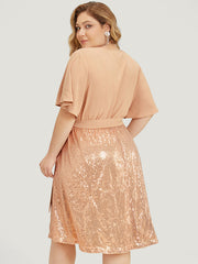 Sequin Patchwork Pocket Belted Surplice Neck Ruffle Dress