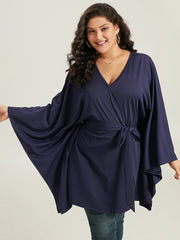 Plain Drape Surplice Neck Belted Kimono