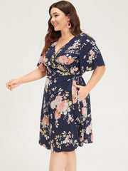 Floral Print Pocket Knot Ruffle Sleeve Wrap Dress