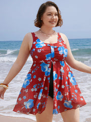 Floral Print Split Front Ruched A Line Swim Dress