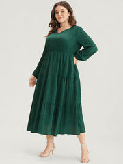 Solid V Neck Lantern Sleeve Pocket Gingham Flutter Dress