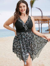 Ruffle Trim Hanky Hem Floral Contrast Swim Dress