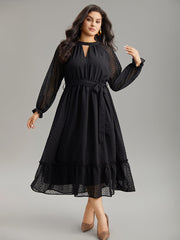 Chiffon Texture Belted Mesh Keyhole Frill Trim Dress