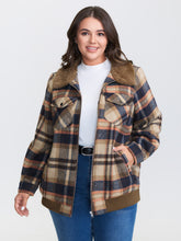 Plaid Pattern Fuzzy Collar Zipper Jacket