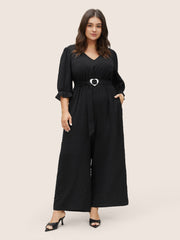 Solid Texture Heart Buckle Detail Belted Jumpsuit
