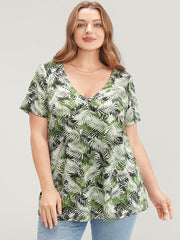 Tropical Print V Neck Contrast T-shirt