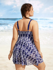 Boho Print Overlap Collar Mesh Swim Dress