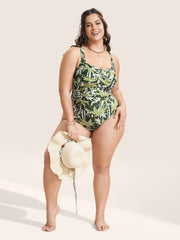 Heart Neckline Tropical Print Crossover One Piece Swimsuit