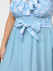 Floral Patchwork Ruffle Trim Knot Front Swim Dress