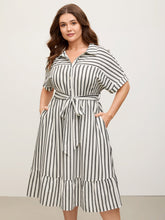 Striped Belted Cinched Button Placket Midi Dress